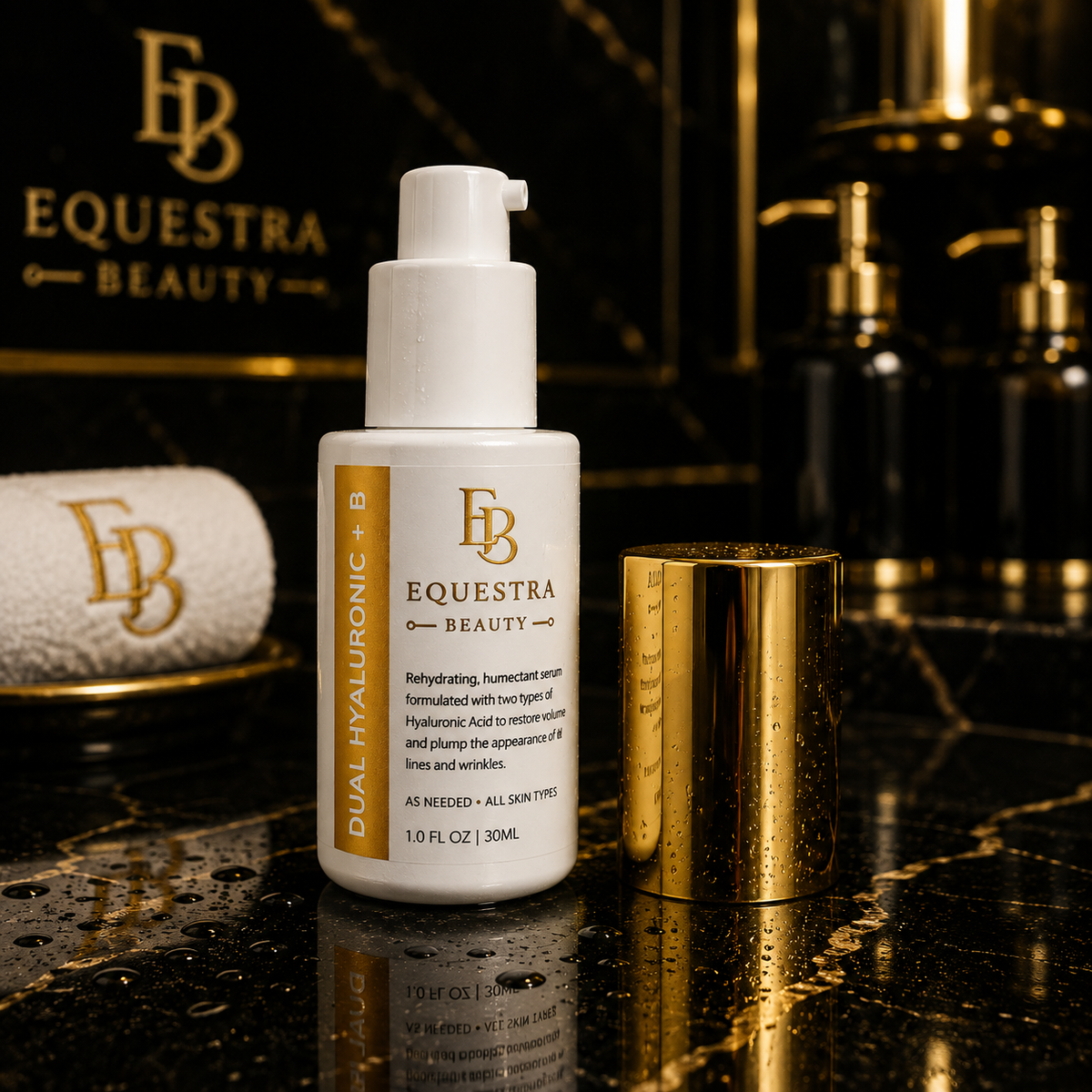 Dual Hyaluronic and B Serum bottle with open cap