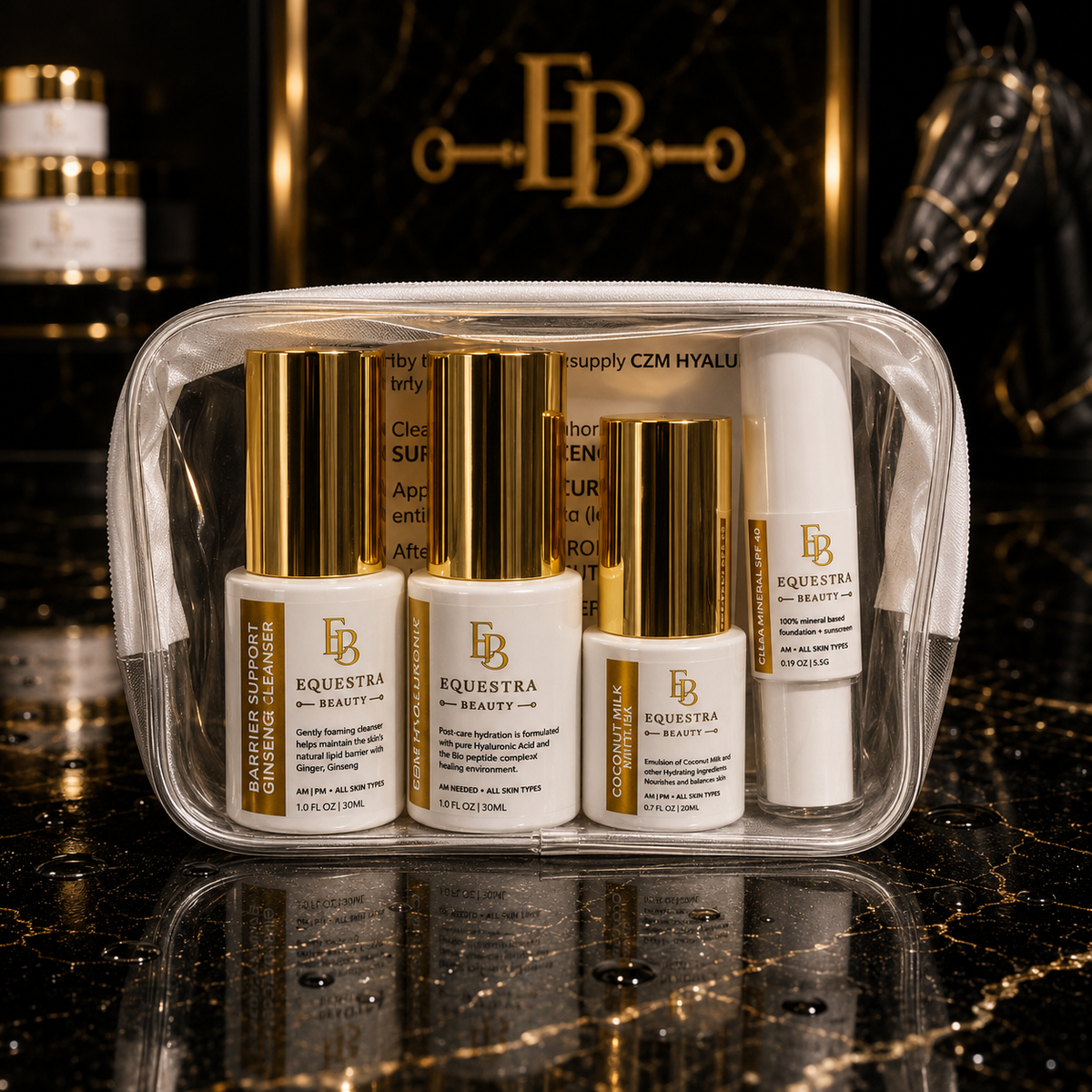 Travel-size equestrian skincare essentials inside Showtime bag
