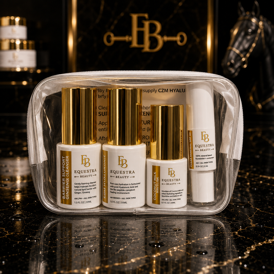 Travel-size equestrian skincare essentials inside Showtime bag